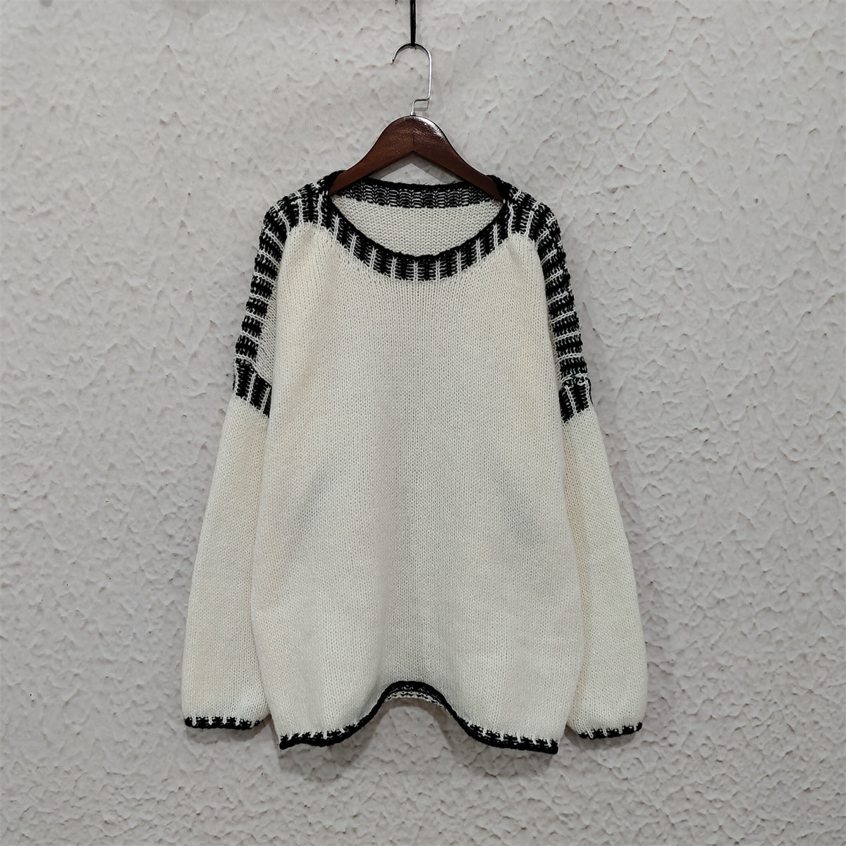 Contrast Whipstitch Slouchy Knit Jumper - Beige - 1