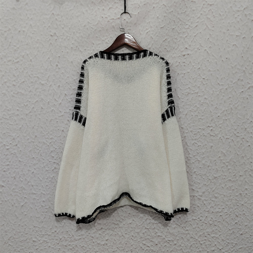 Contrast Whipstitch Slouchy Knit Jumper - Beige - 2