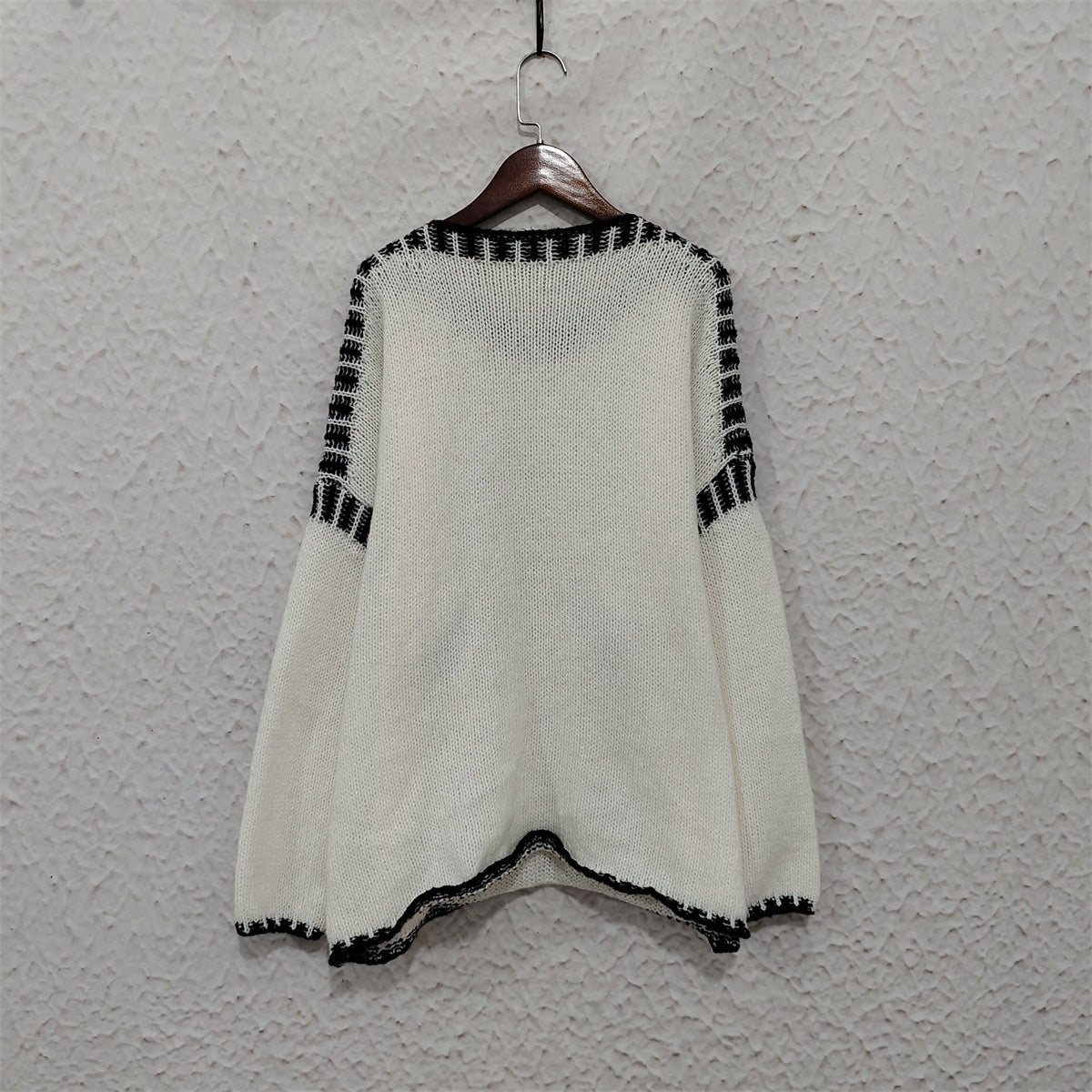 Contrast Whipstitch Slouchy Knit Jumper - Beige - 2