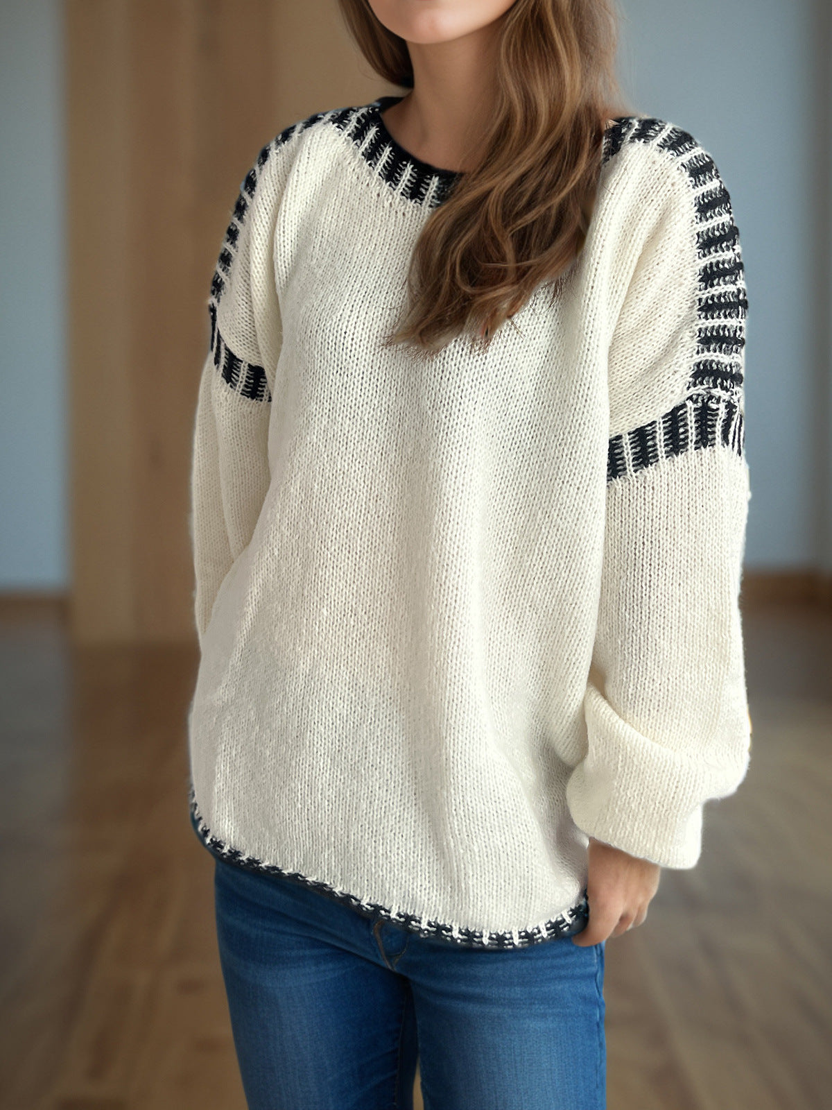 Contrast Whipstitch Slouchy Knit Jumper - Beige - 3