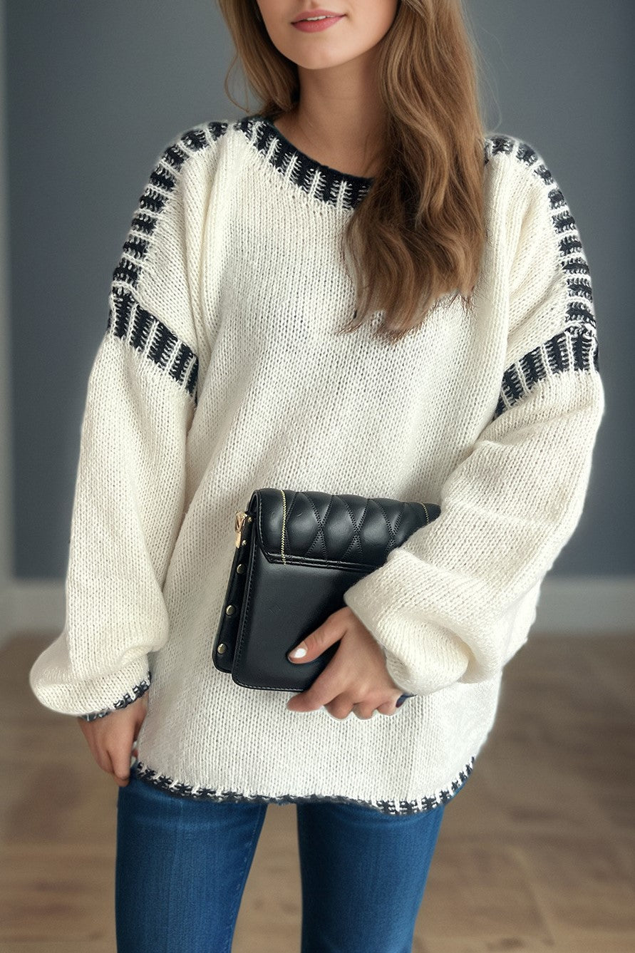 Contrast Whipstitch Slouchy Knit Jumper - Beige - 4