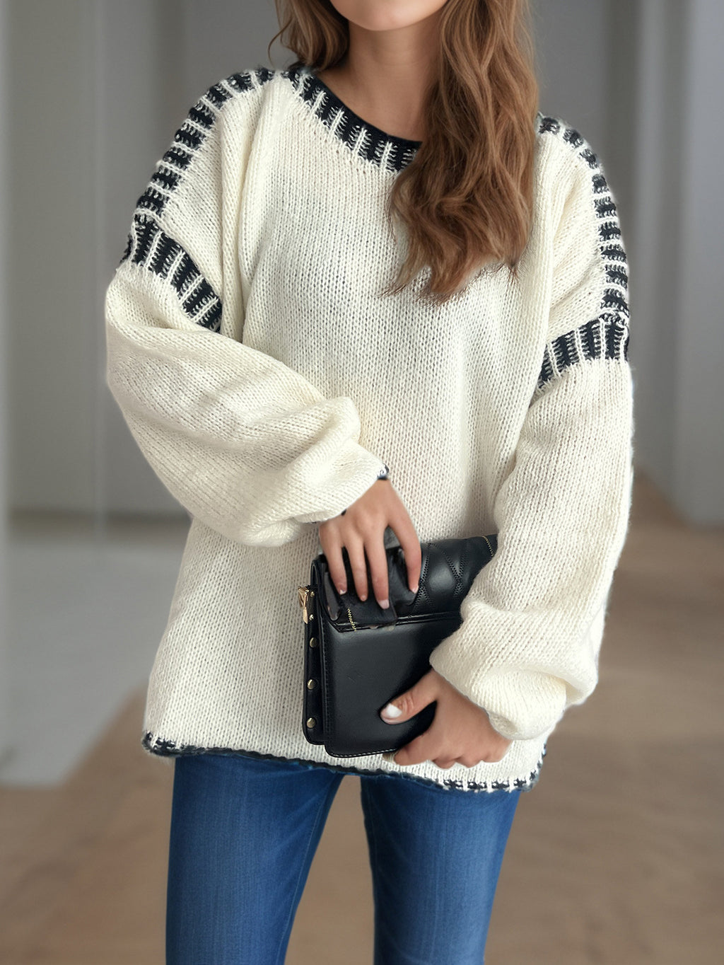 Contrast Whipstitch Slouchy Knit Jumper - Beige - 5