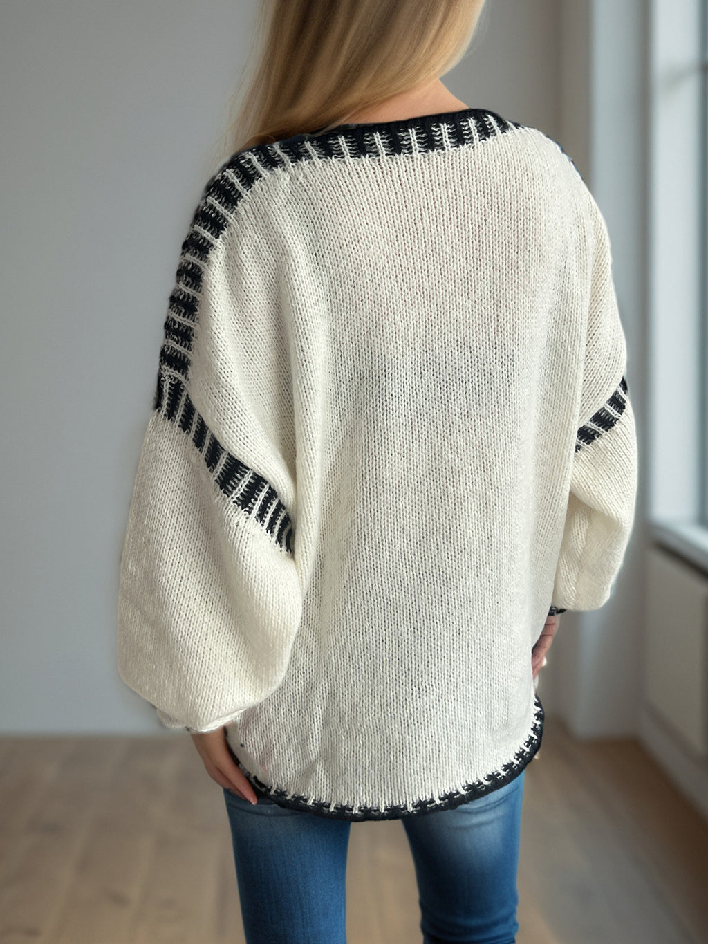 Contrast Whipstitch Slouchy Knit Jumper - Beige - 6