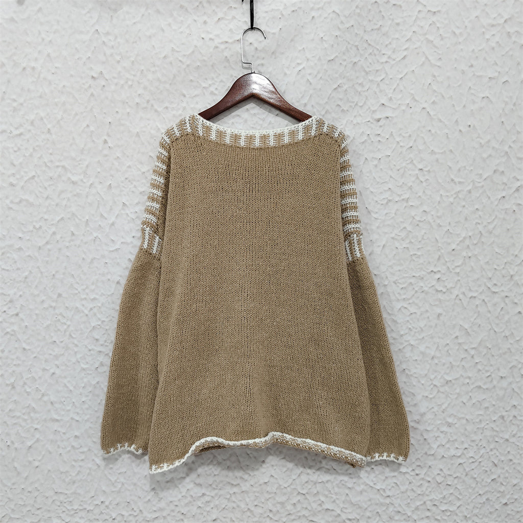 Contrast Whipstitch Slouchy Knit Jumper - Khaki - 1