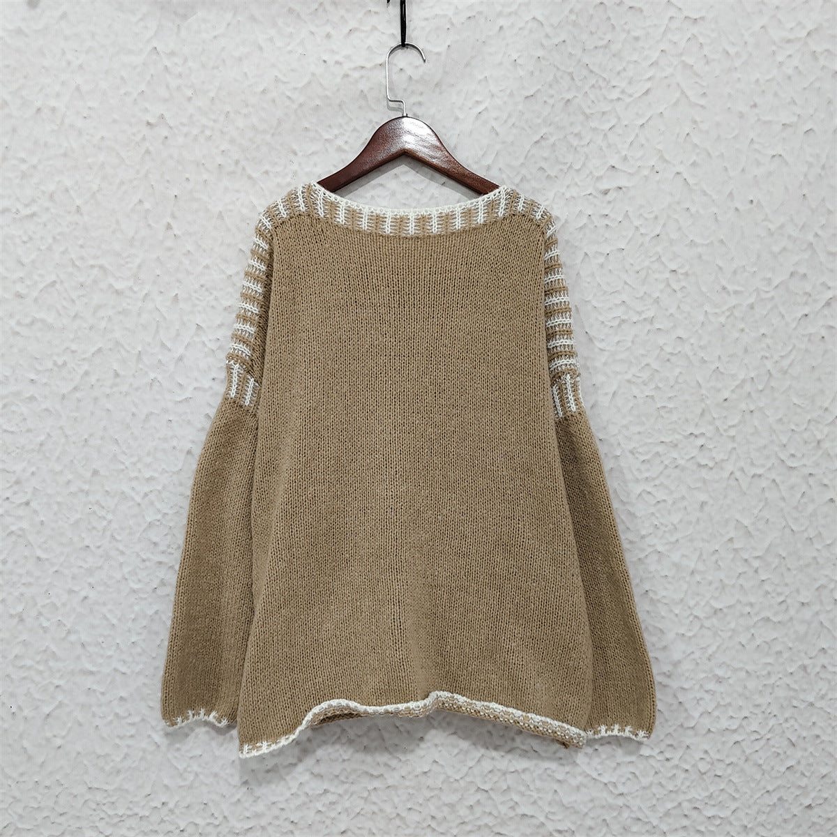 Contrast Whipstitch Slouchy Knit Jumper - Khaki - 1