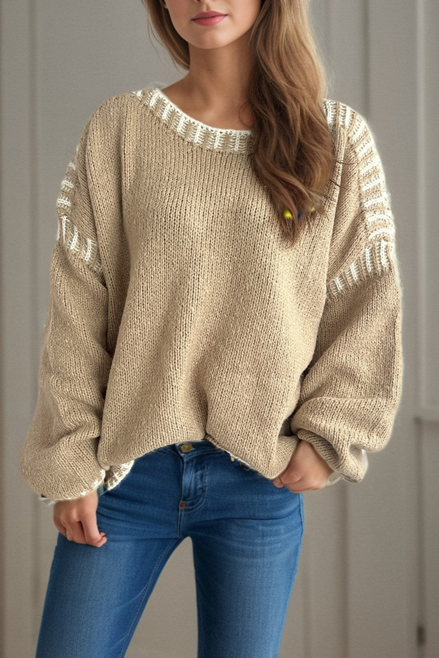 Contrast Whipstitch Slouchy Knit Jumper - Khaki - 2