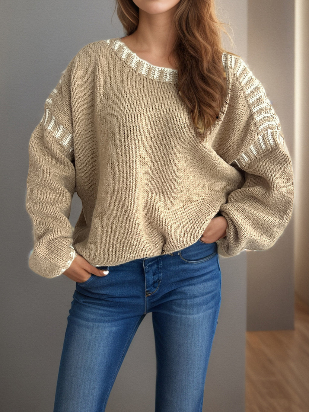 Contrast Whipstitch Slouchy Knit Jumper - Khaki - 3