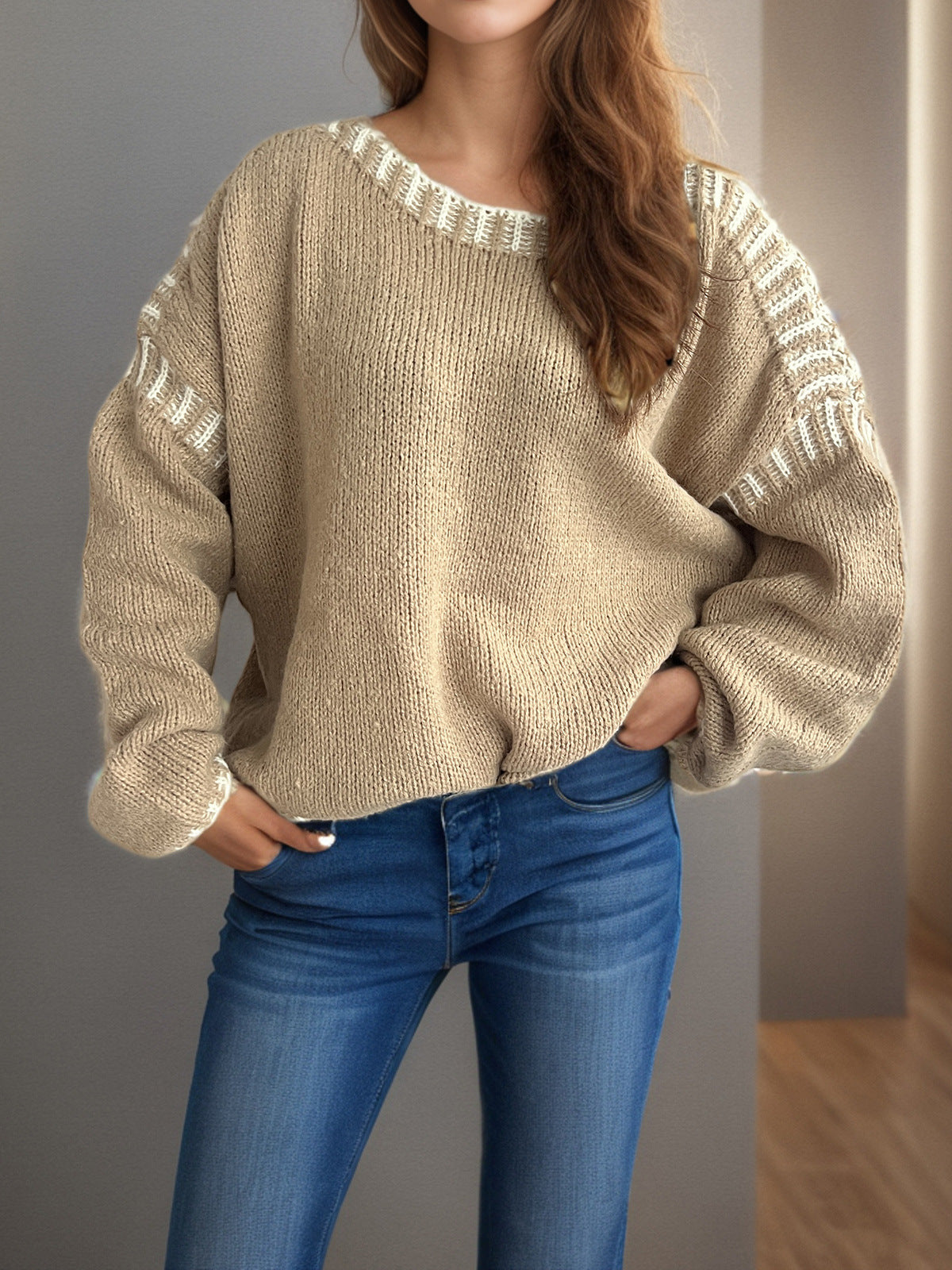 Contrast Whipstitch Slouchy Knit Jumper - Khaki - 3