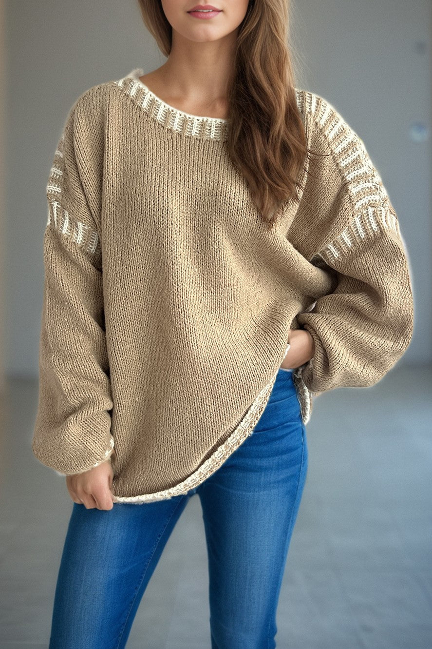 Contrast Whipstitch Slouchy Knit Jumper - Khaki - 4