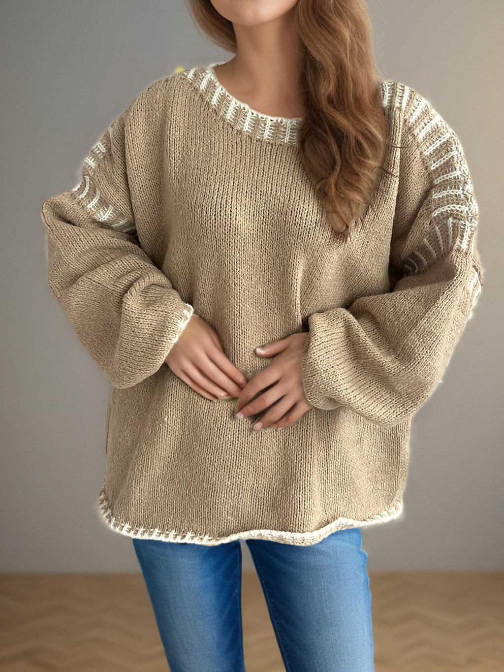 Contrast Whipstitch Slouchy Knit Jumper - Khaki - 5