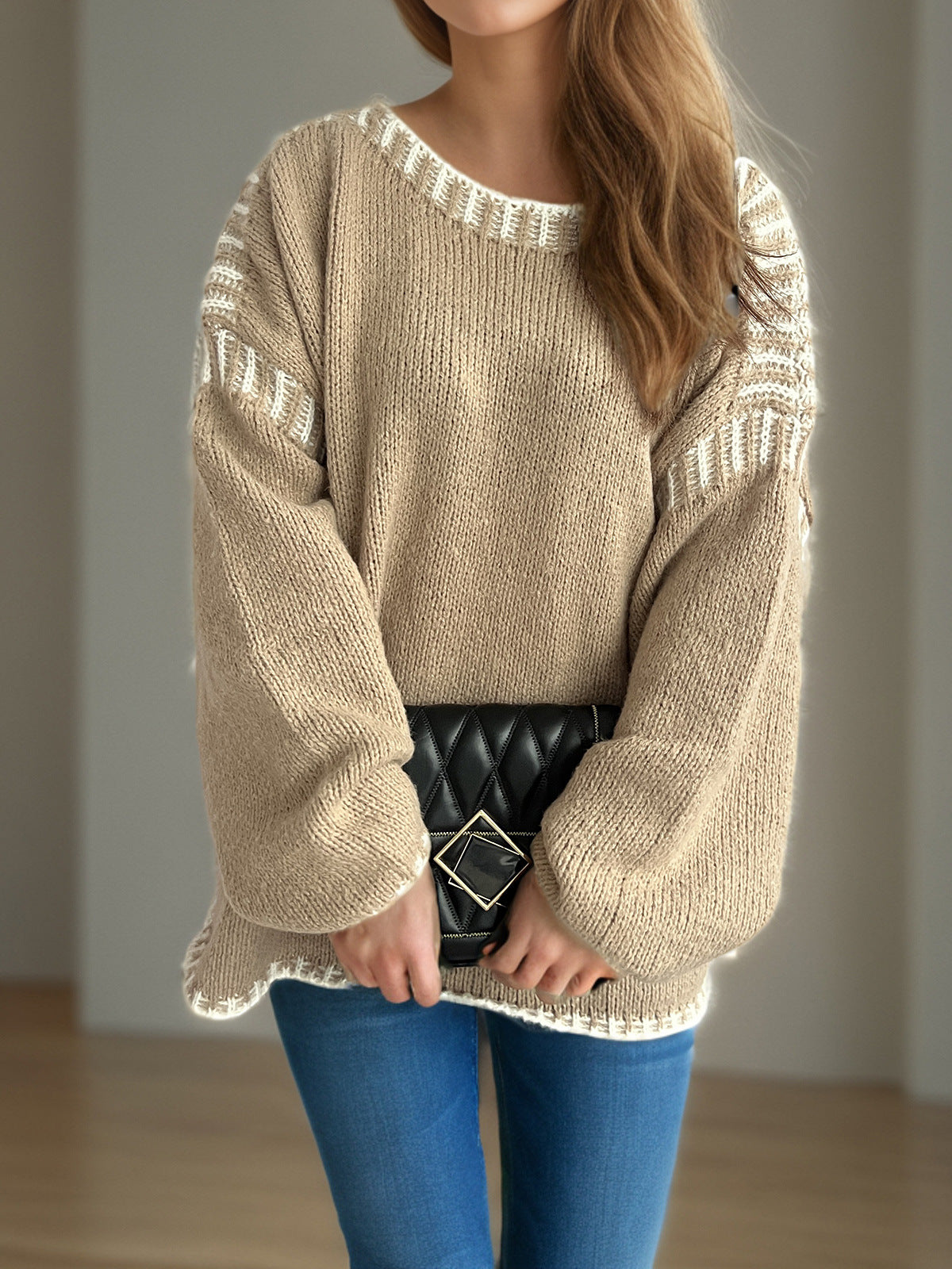 Contrast Whipstitch Slouchy Knit Jumper - Khaki - 7