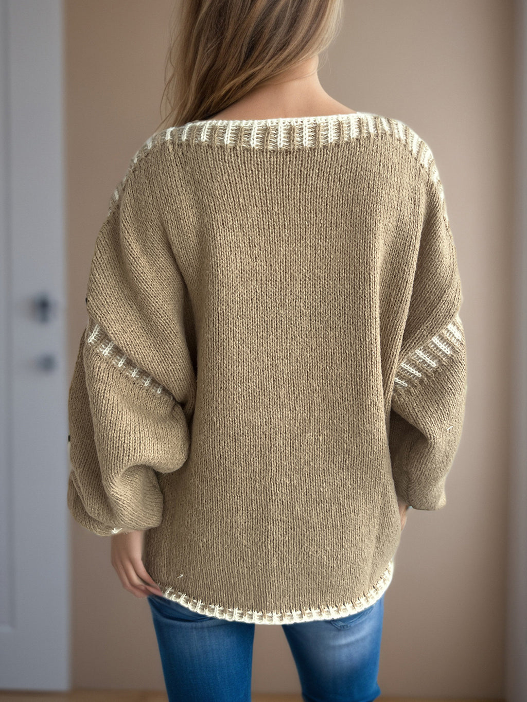Contrast Whipstitch Slouchy Knit Jumper - Khaki - 8