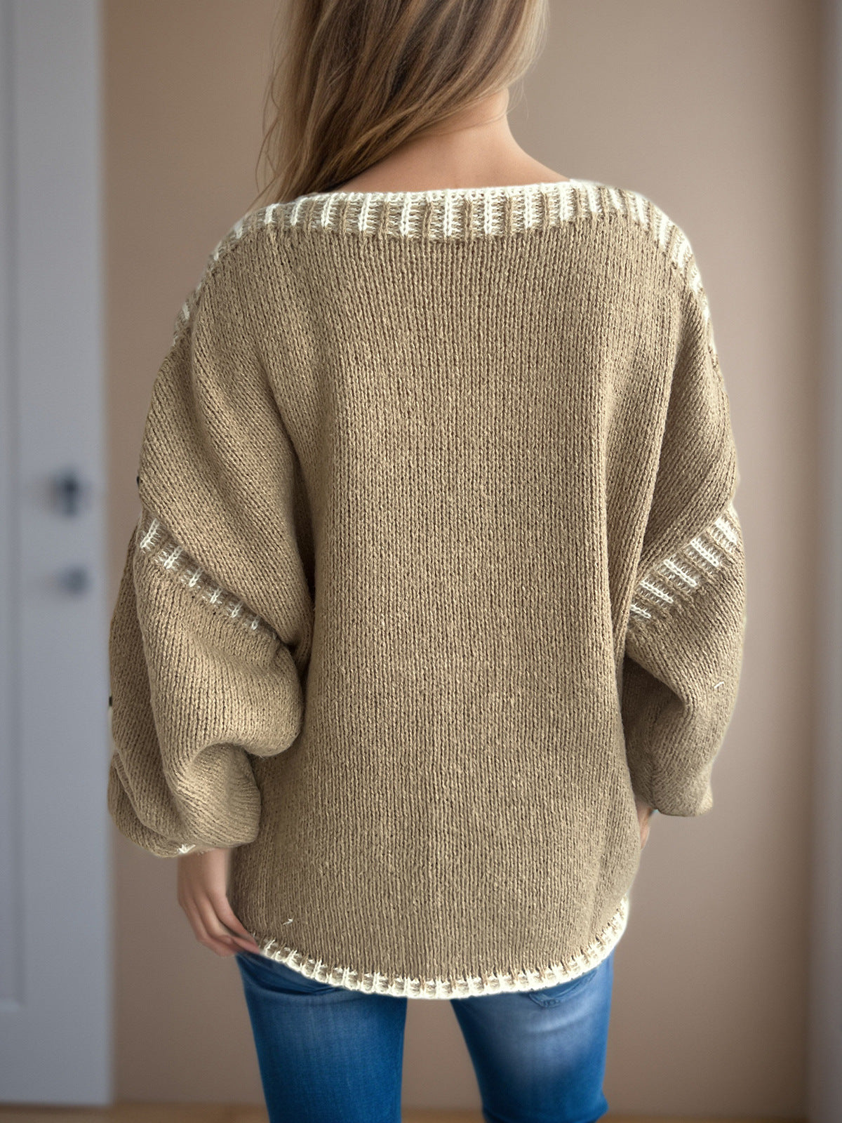 Contrast Whipstitch Slouchy Knit Jumper - Khaki - 8