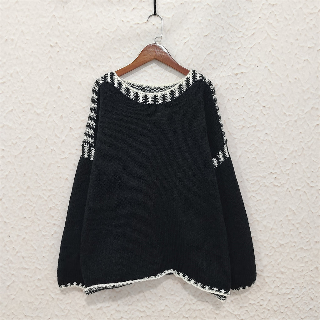 Contrast Whipstitch Slouchy Knit Jumper - black
