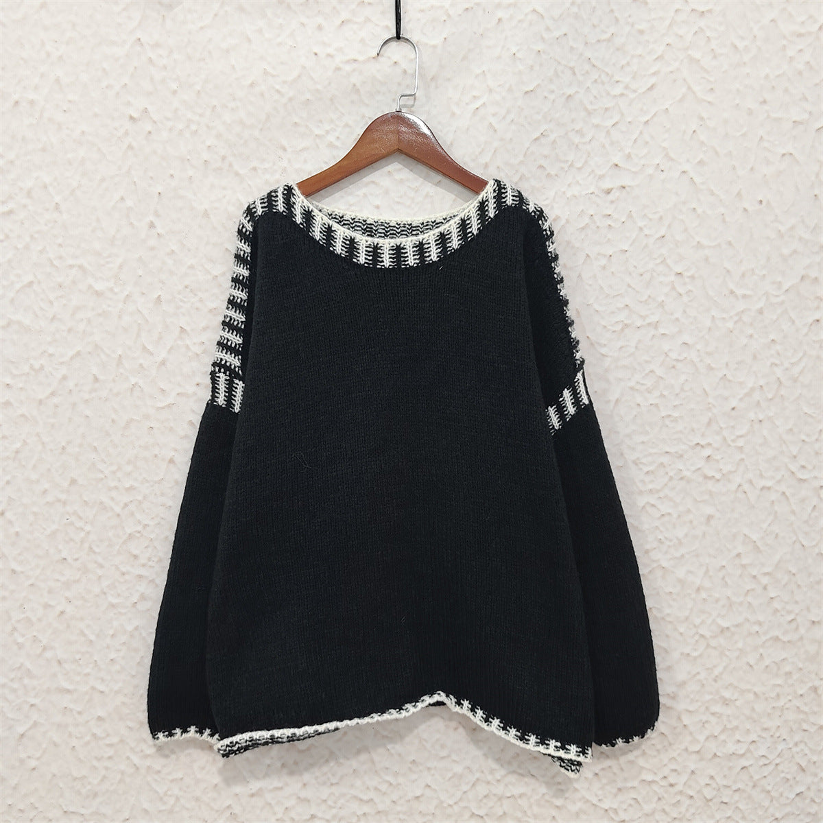 Contrast Whipstitch Slouchy Knit Jumper - black