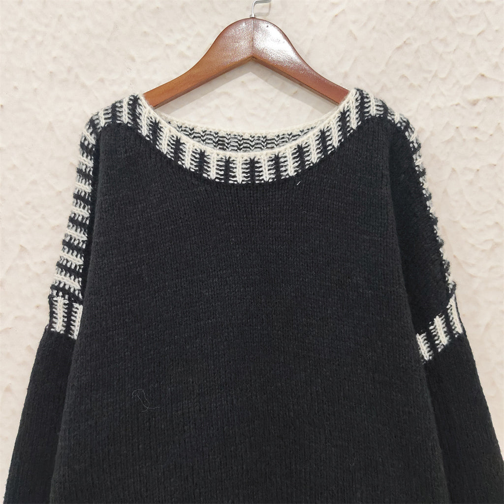 Contrast Whipstitch Slouchy Knit Jumper - black - 1