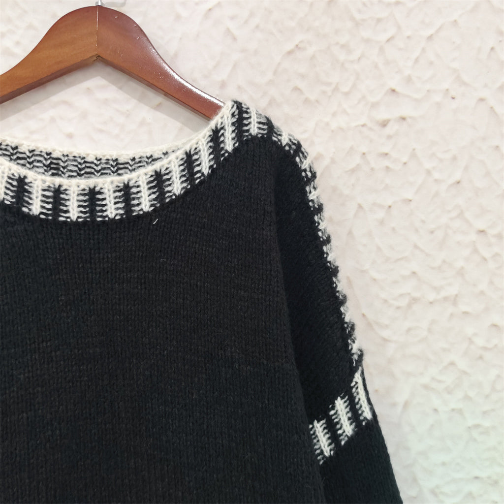 Contrast Whipstitch Slouchy Knit Jumper - black - 2