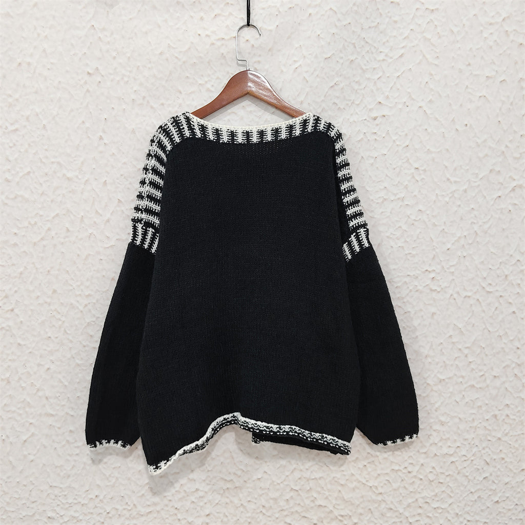 Contrast Whipstitch Slouchy Knit Jumper - black - 4