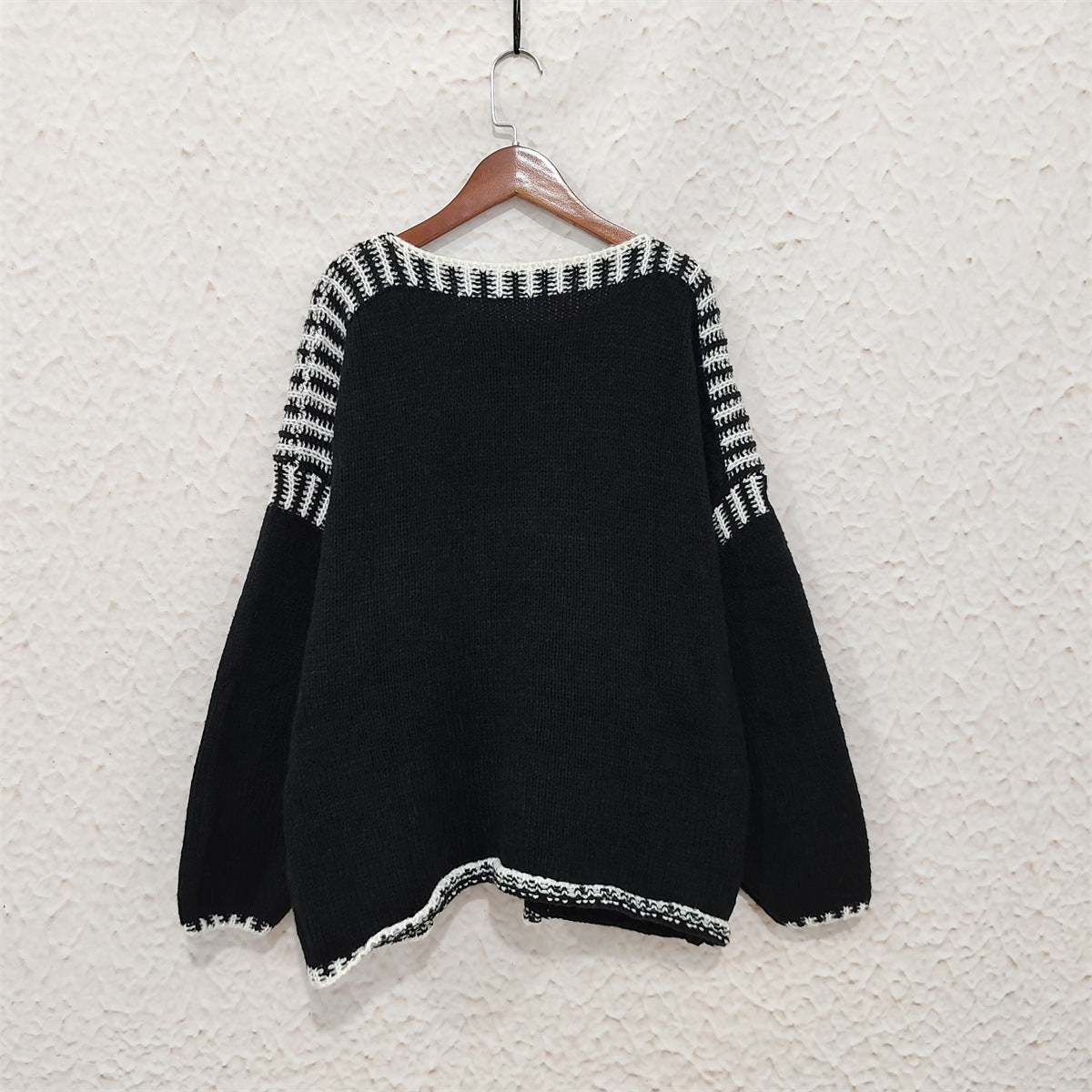 Contrast Whipstitch Slouchy Knit Jumper - black - 4