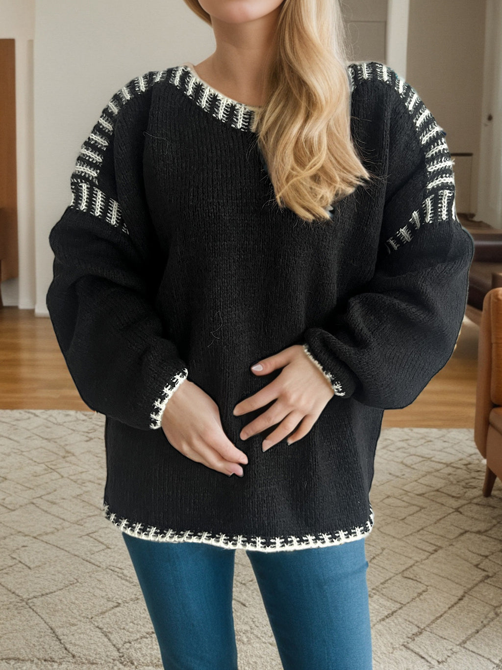 Contrast Whipstitch Slouchy Knit Jumper - black - 5