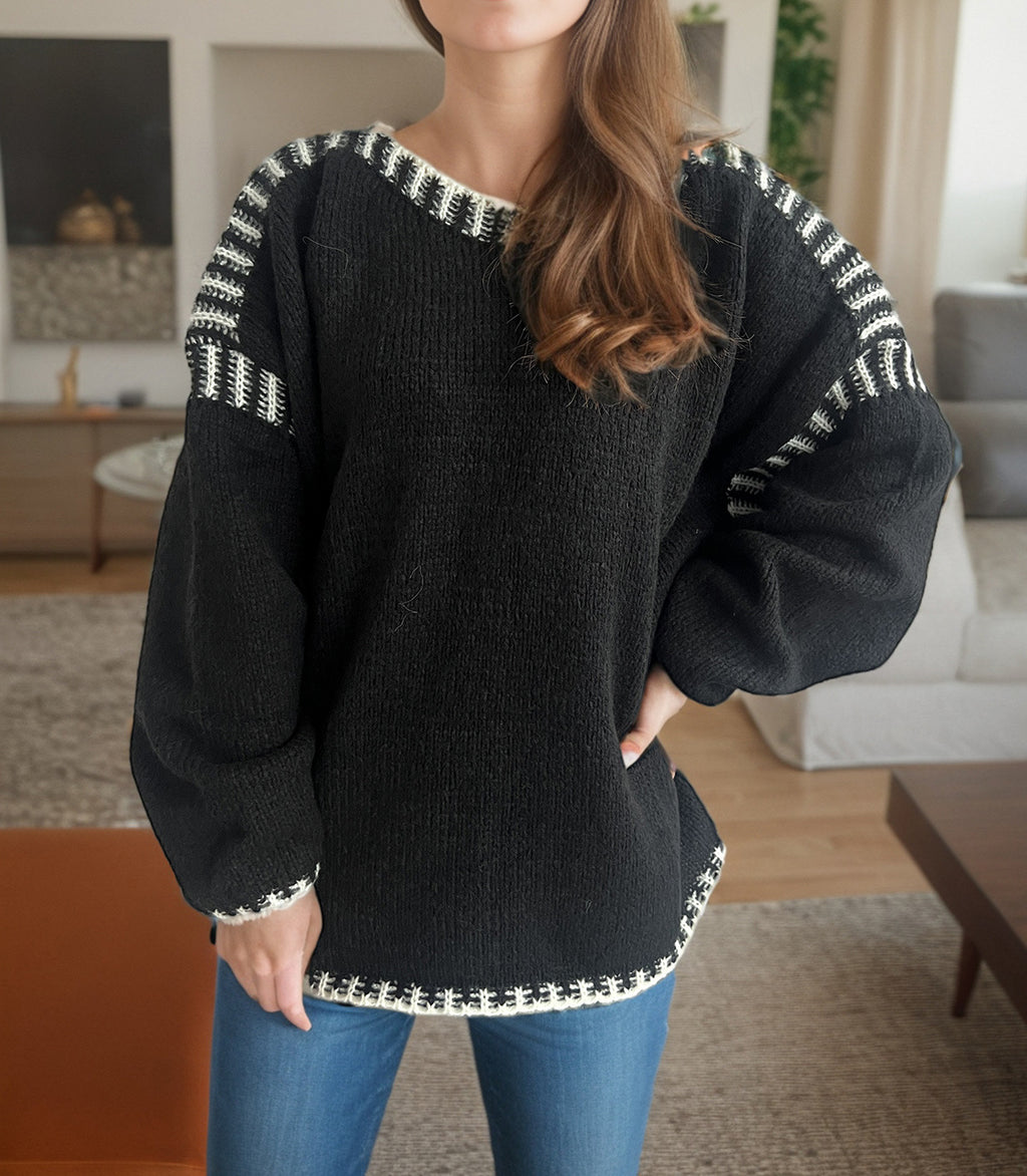 Contrast Whipstitch Slouchy Knit Jumper - black - 6