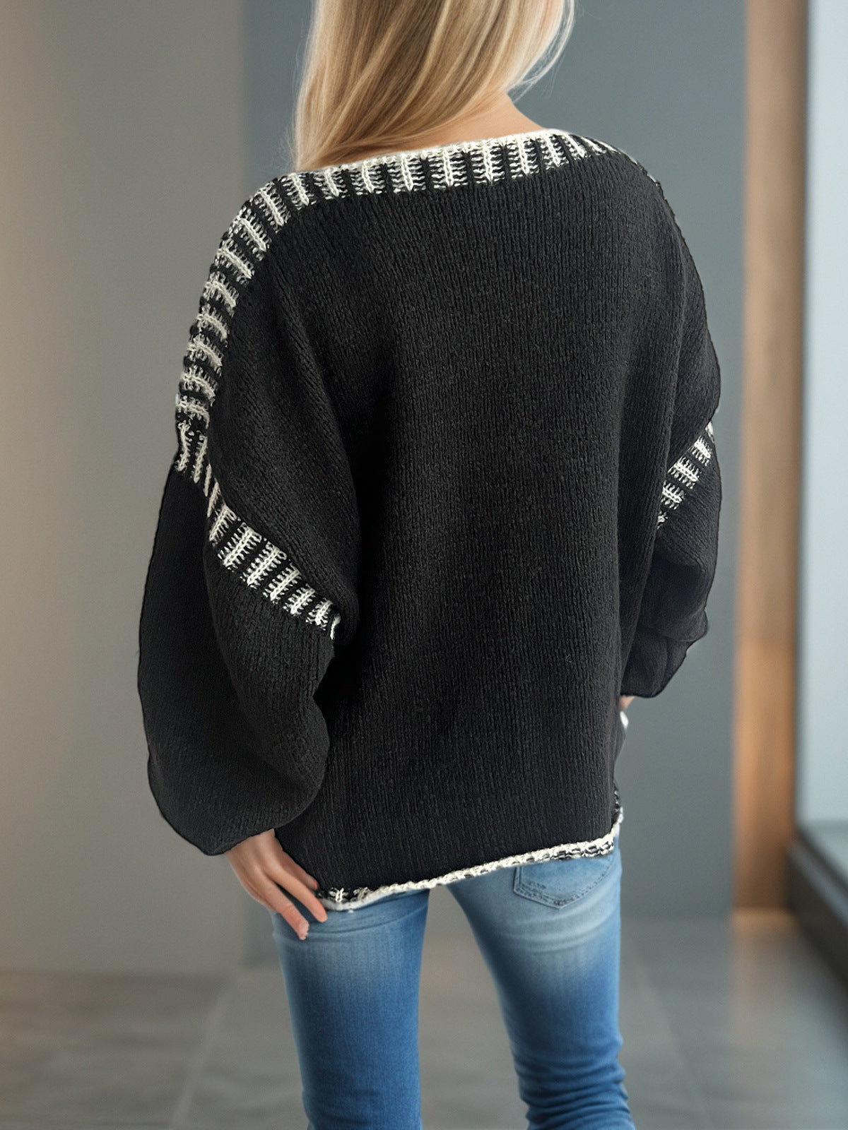 Contrast Whipstitch Slouchy Knit Jumper - black - 7