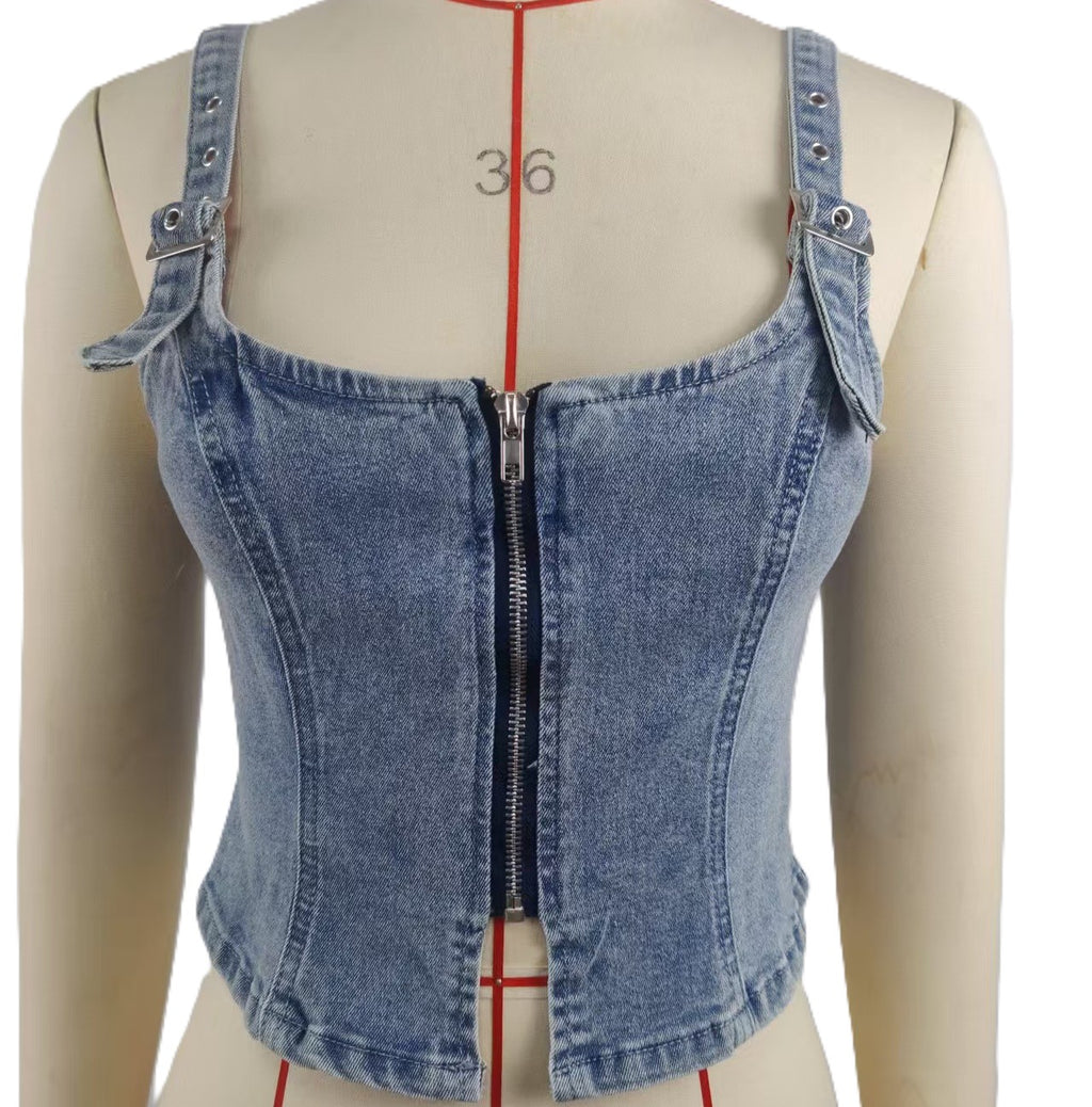 Zip Front Denim Corset Camisole Top - Blue - 1