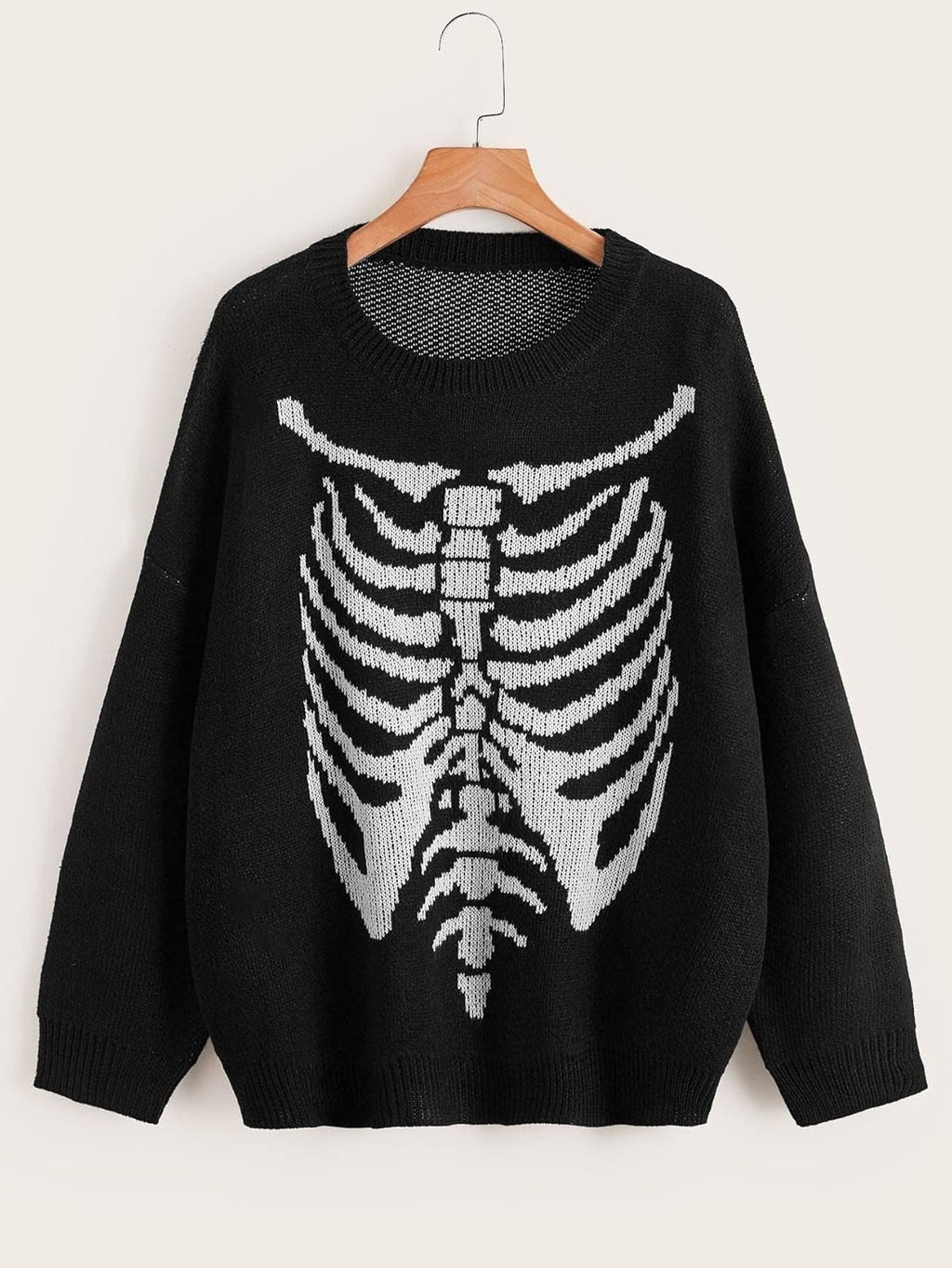 Rib Cage Print Oversized Knit Sweater - Black