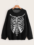 Rib Cage Print Oversized Knit Sweater - Black