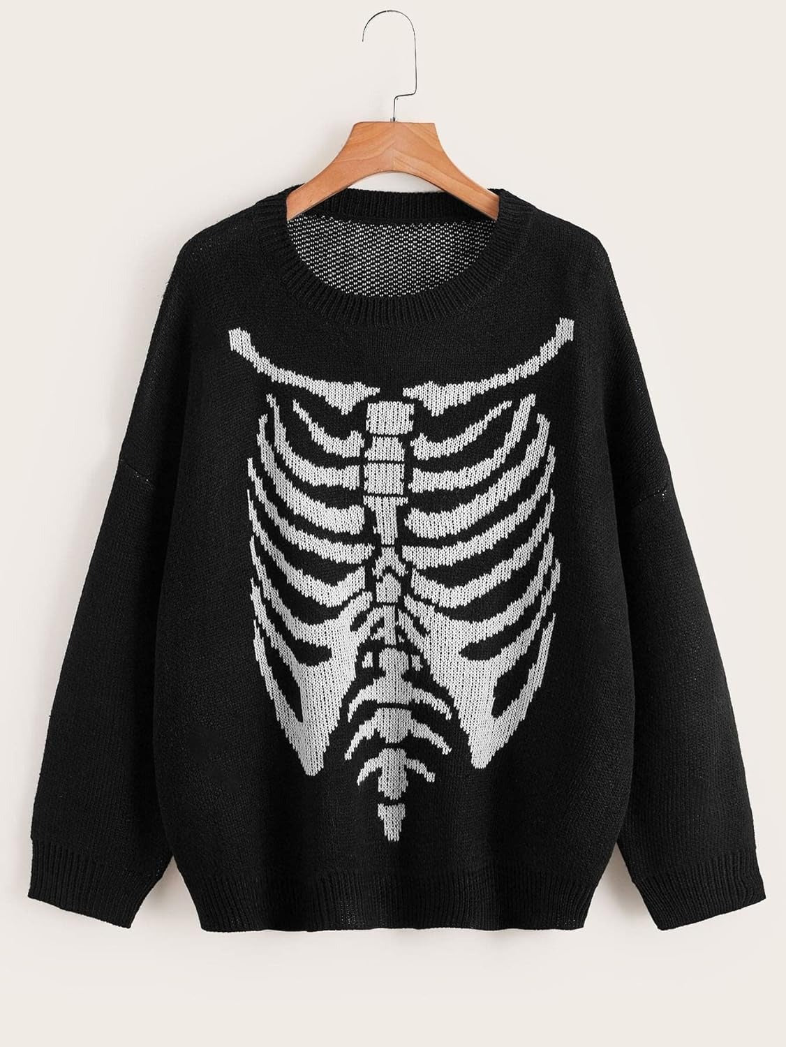 Rib Cage Print Oversized Knit Sweater - Black