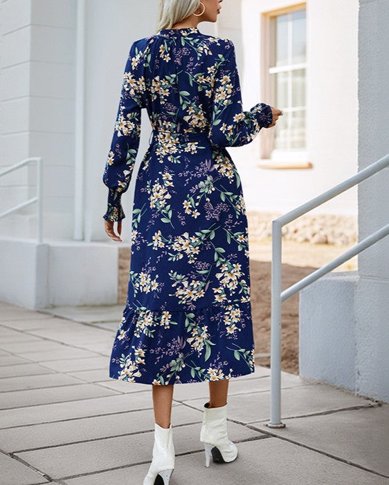 Floral Print V Neck Belted Midi Dress - Blue