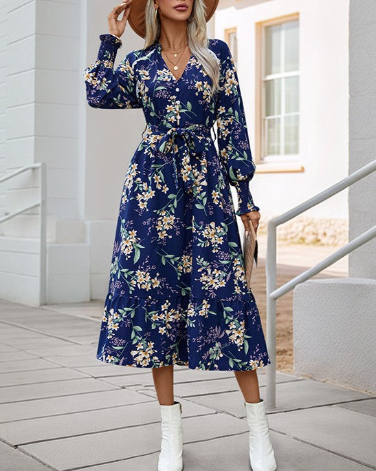 Floral Print V Neck Belted Midi Dress - Blue - 1