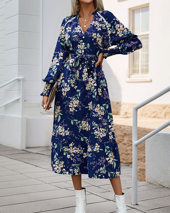 Floral Print V Neck Belted Midi Dress - Blue - 2
