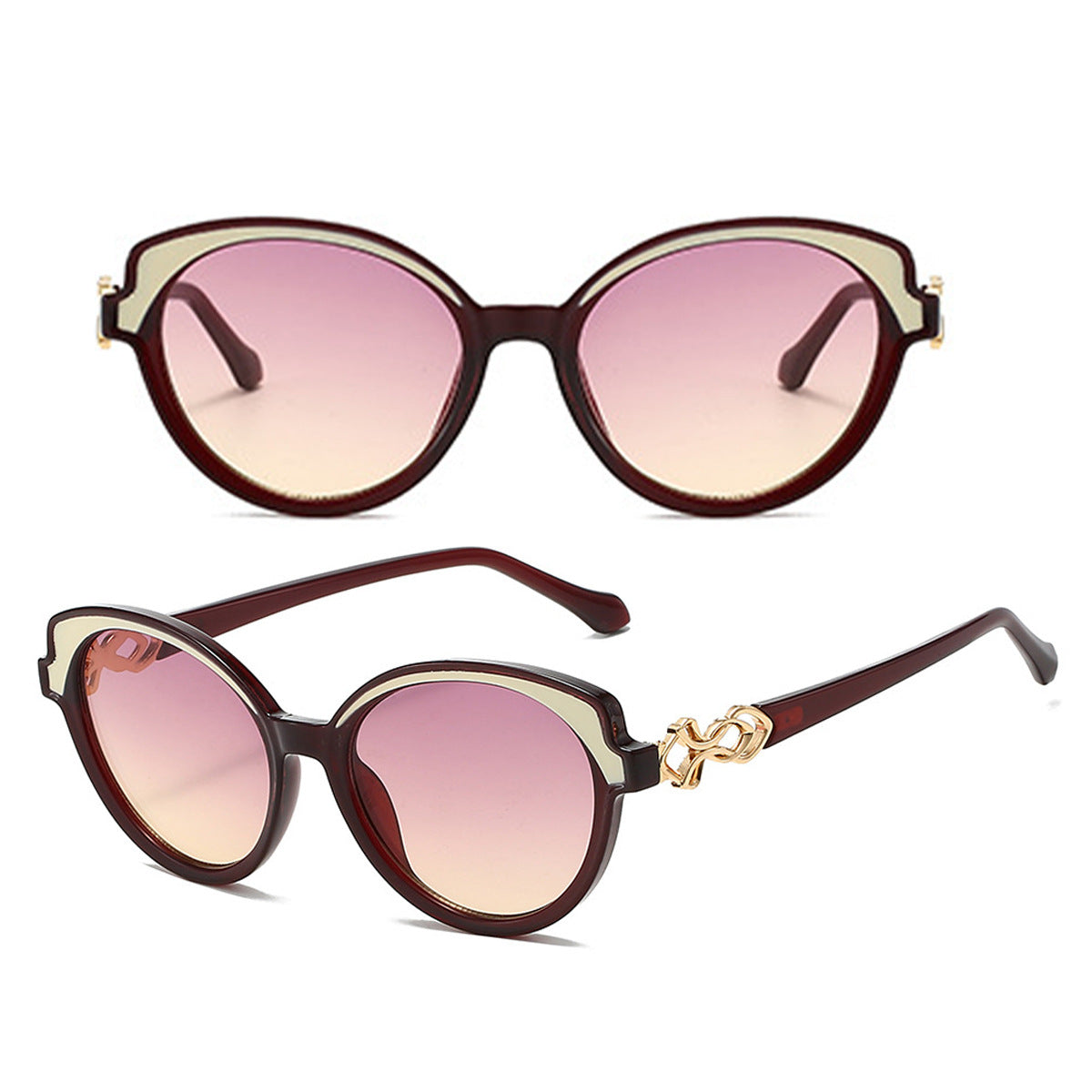 Rounded Cat Eye Gradient Lens Sunglasses - WineRed - 1