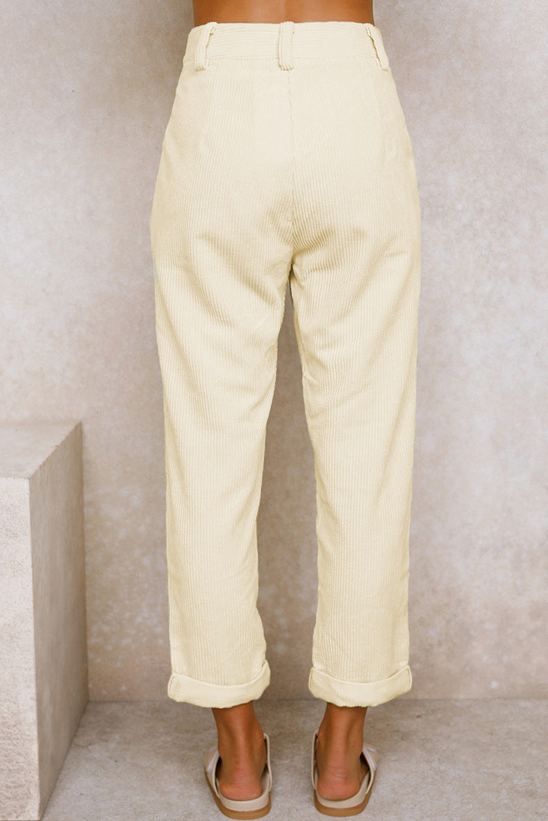 Pleated Corduroy Straight Leg Trousers - Beige - 2