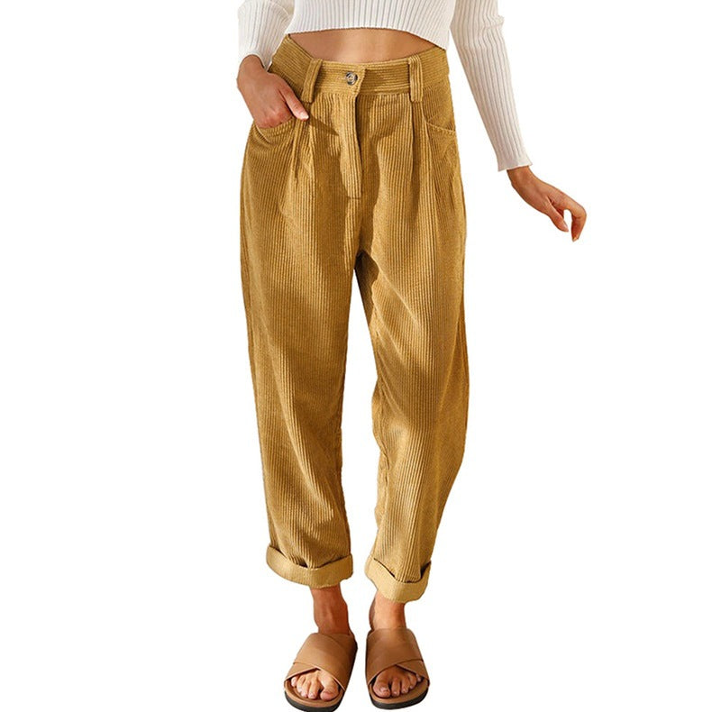 Pleated Corduroy Straight Leg Trousers - Khaki