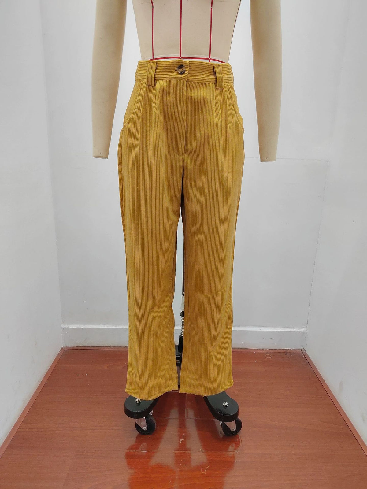 Pleated Corduroy Straight Leg Trousers - Khaki - 1