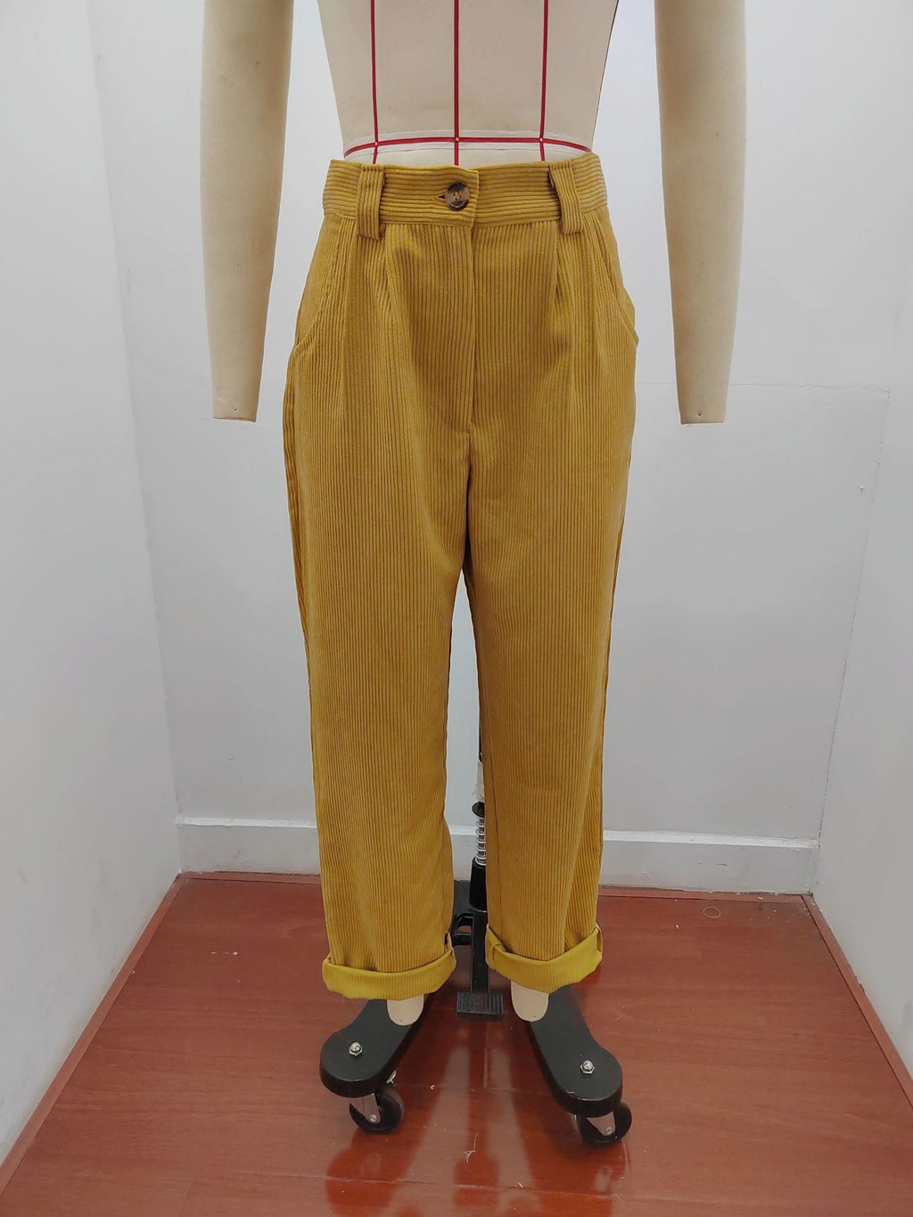 Pleated Corduroy Straight Leg Trousers - Khaki - 2