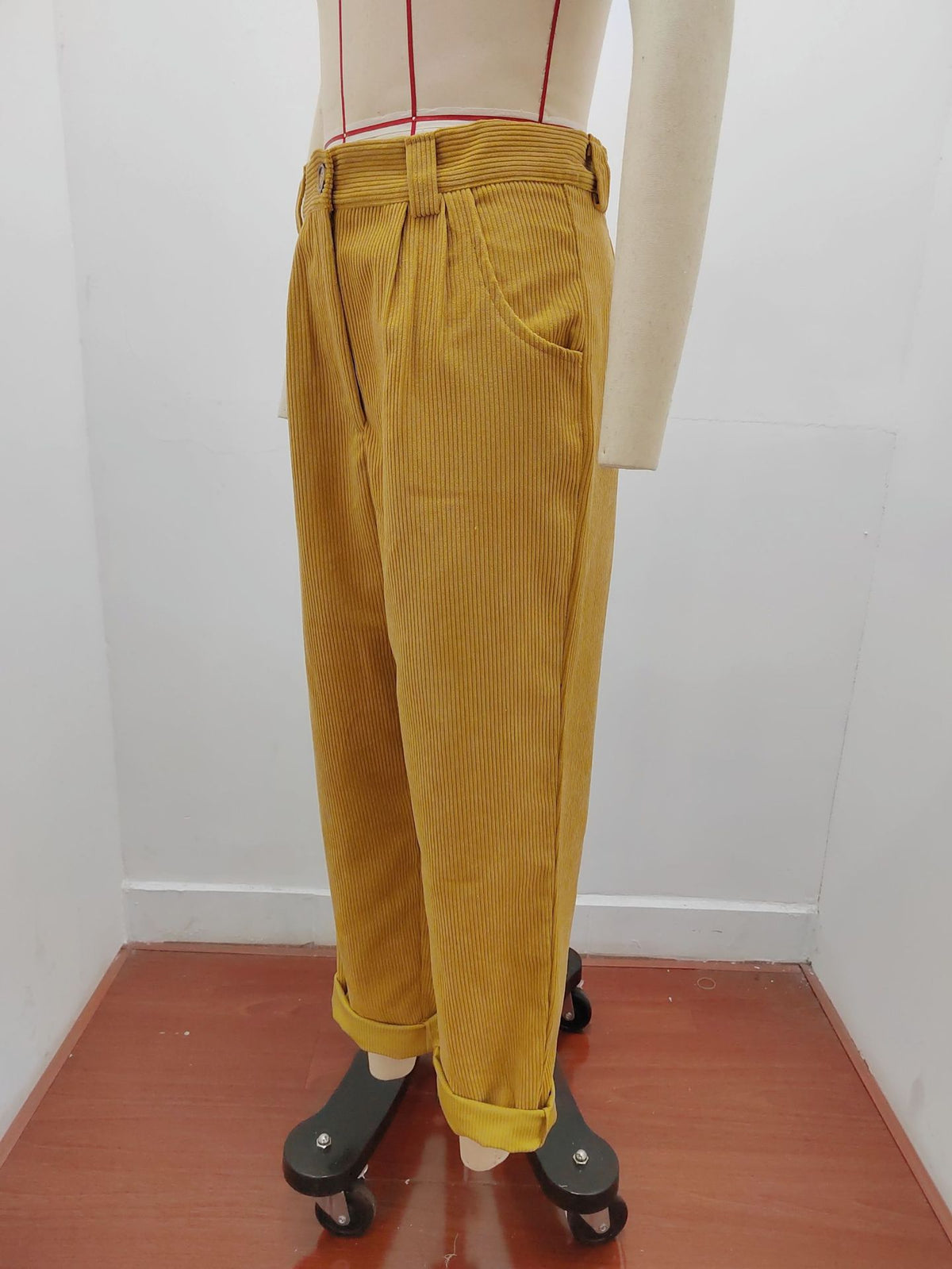 Pleated Corduroy Straight Leg Trousers - Khaki - 3