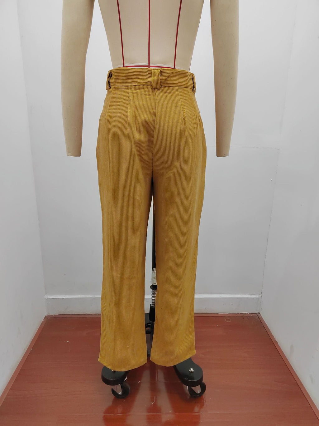 Pleated Corduroy Straight Leg Trousers - Khaki - 4