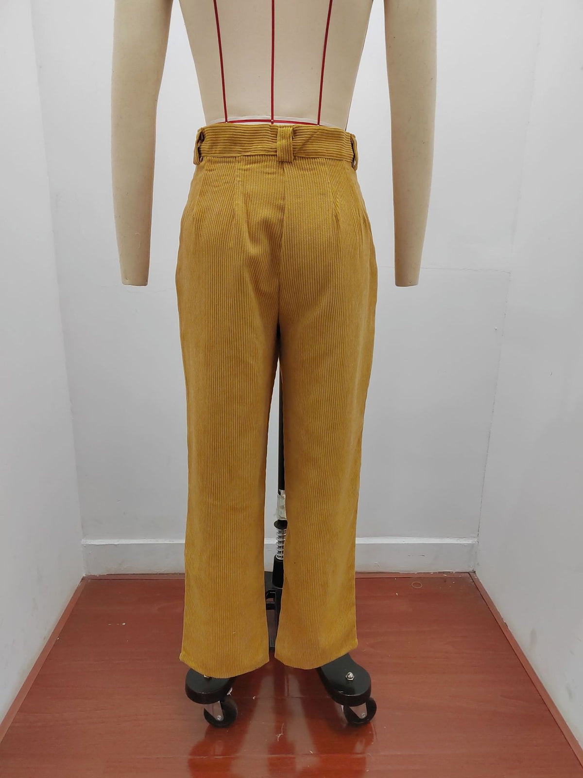Pleated Corduroy Straight Leg Trousers - Khaki - 4