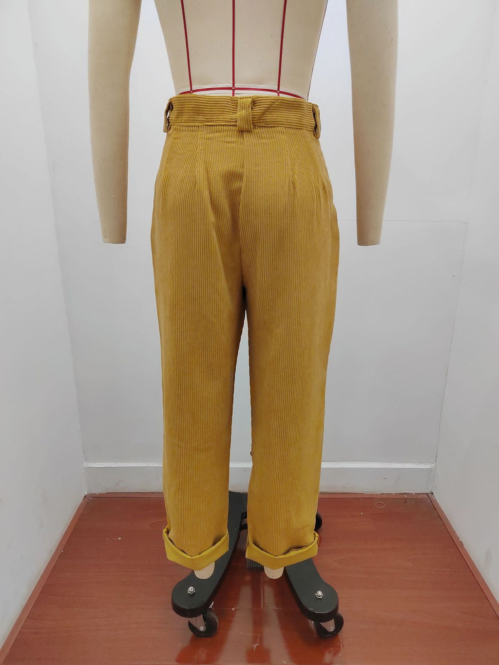Pleated Corduroy Straight Leg Trousers - Khaki - 5