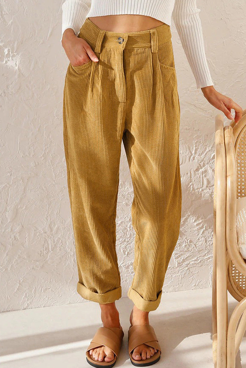 Pleated Corduroy Straight Leg Trousers - Khaki - 6