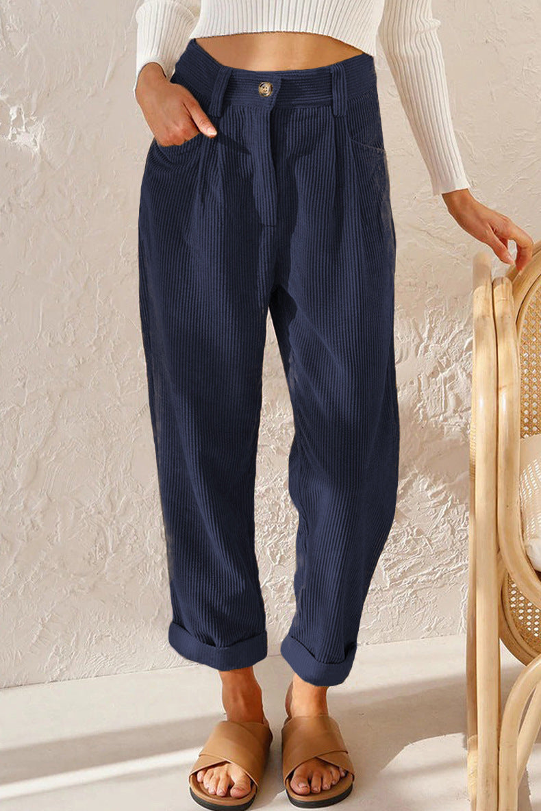 Pleated Corduroy Straight Leg Trousers - Navy