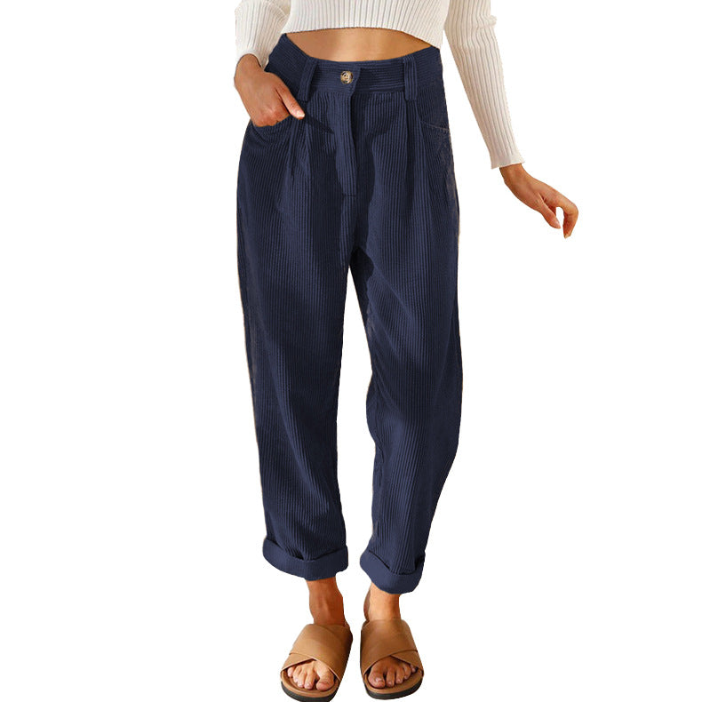 Pleated Corduroy Straight Leg Trousers - Navy - 1