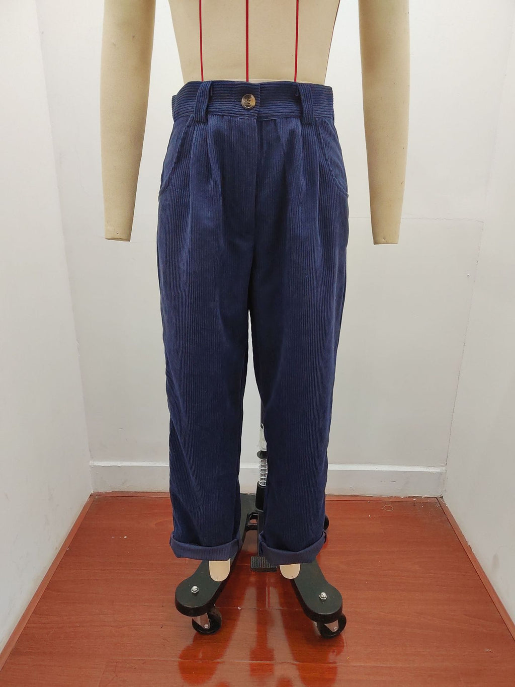 Pleated Corduroy Straight Leg Trousers - Navy - 2