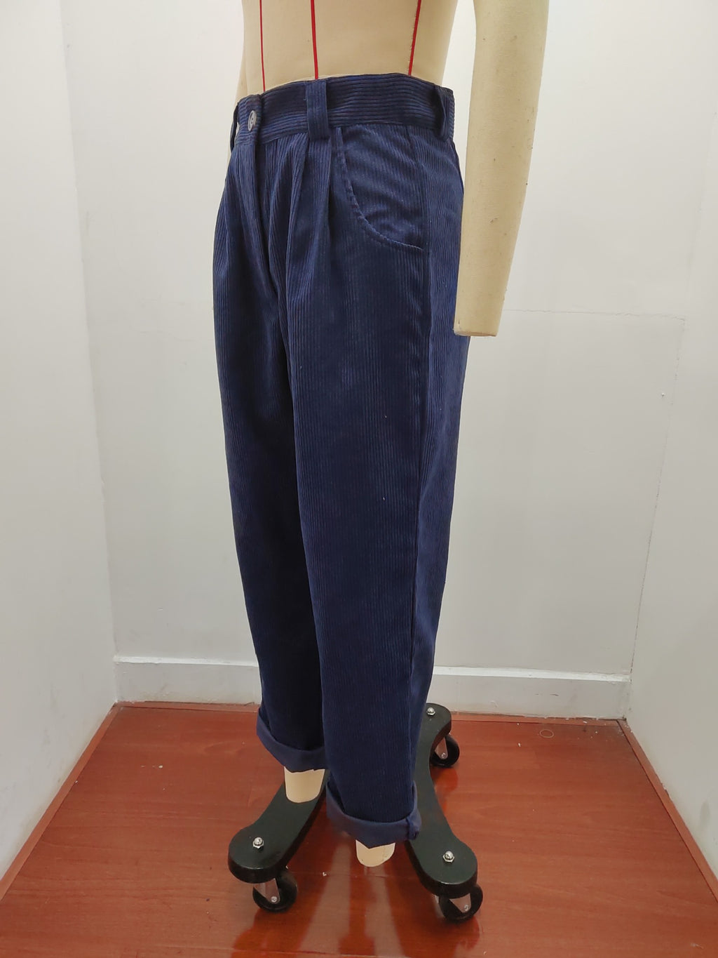 Pleated Corduroy Straight Leg Trousers - Navy - 3