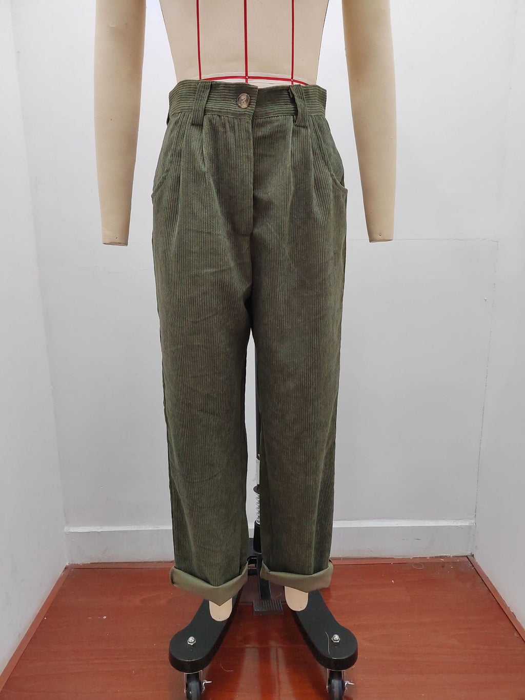 Pleated Corduroy Straight Leg Trousers - Olive - 1