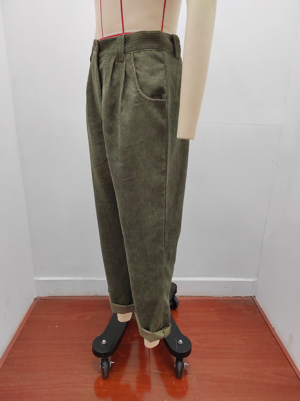 Pleated Corduroy Straight Leg Trousers - Olive - 2