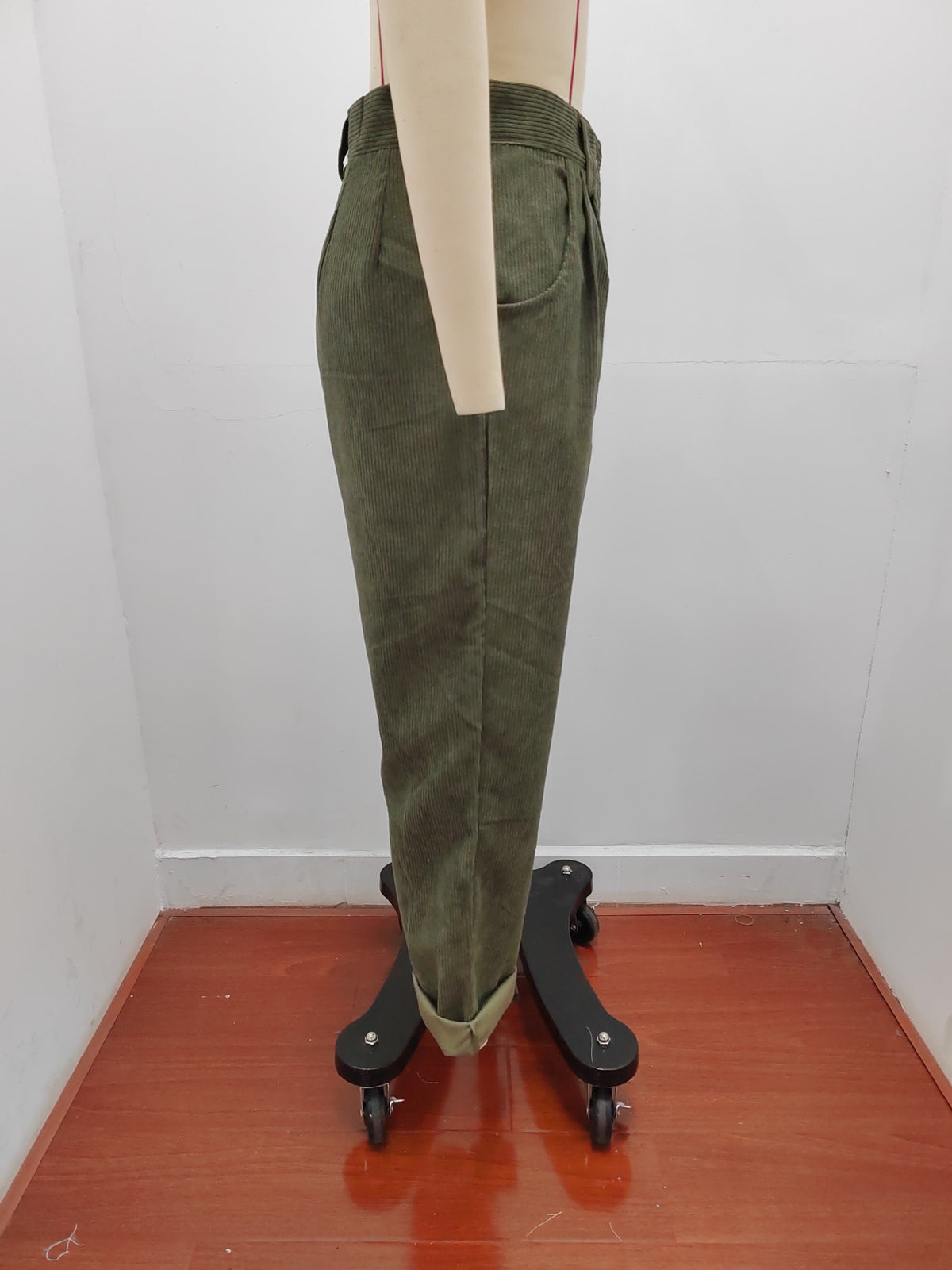 Pleated Corduroy Straight Leg Trousers - Olive - 3